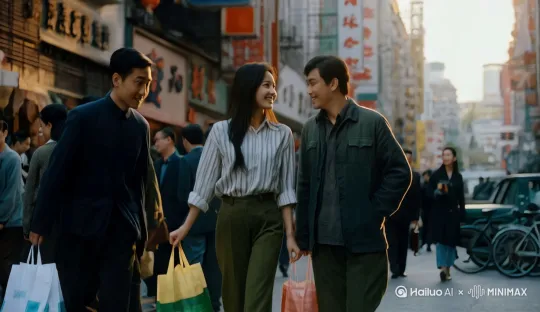 16:9画面比例但带有圆角
添加胶片颗粒和划痕
轻微的色彩偏移和光晕
过曝的高光
暖色调滤镜
偶尔出现短暂的闪烁效果电影写实风格[左移,推进,右摇]
画面中的所有人都动起来，展现热闹的街市 by Hailuo AI Video Generator