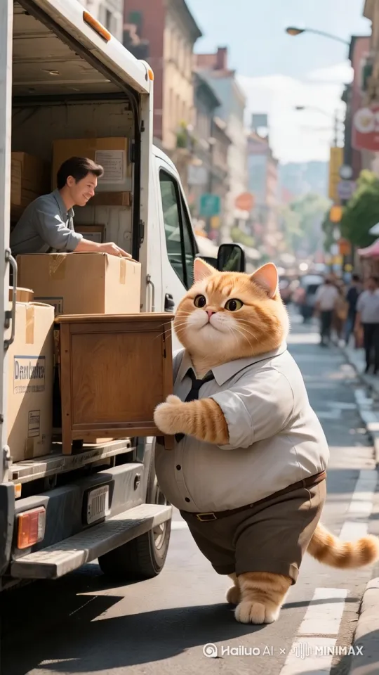在繁忙的街道上，一场特别的送货行动正在展开。

**特写机位**：聚焦橘猫的前爪，它紧紧握住一个古朴的木质小柜子，肉垫因用力而微微变形，毛发在阳光下闪烁着柔和的光泽，每一根胡须都清晰可见，透露出专注与认真。
**中景机位**：展现橘猫穿着衬衫、打着领带的模样，它奋力将柜子往货车上搬运。货车内，工作人员微笑着配合，周围街道上车水马龙，行人匆匆，店铺招牌错落有致，渲染出城市生活的忙碌氛围。
**全景机位**：呈现整个街道场景。橘猫位于画面中心，从它稳稳抬起柜子，到一步步靠近货车，再到与车内工作人员默契交接，动作流畅自然。街道上光影斑驳，阳光洒在橘猫身上，给这日常的送货场景增添了几分温暖与活力，仿佛在诉说着平凡日子里的小努力与小成就。 by Hailuo AI Video Generator