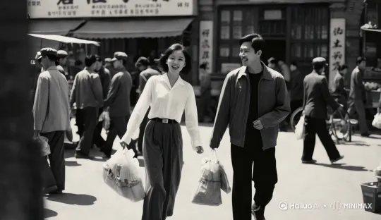 16:9画面比例但带有圆角
添加胶片颗粒和划痕
轻微的色彩偏移和光晕
过曝的高光
暖色调滤镜
偶尔出现短暂的闪烁效果电影写实风格[右移,左摇,跟随]
画面中的所有人都动起来，展现热闹的街市 by Hailuo AI Video Generator