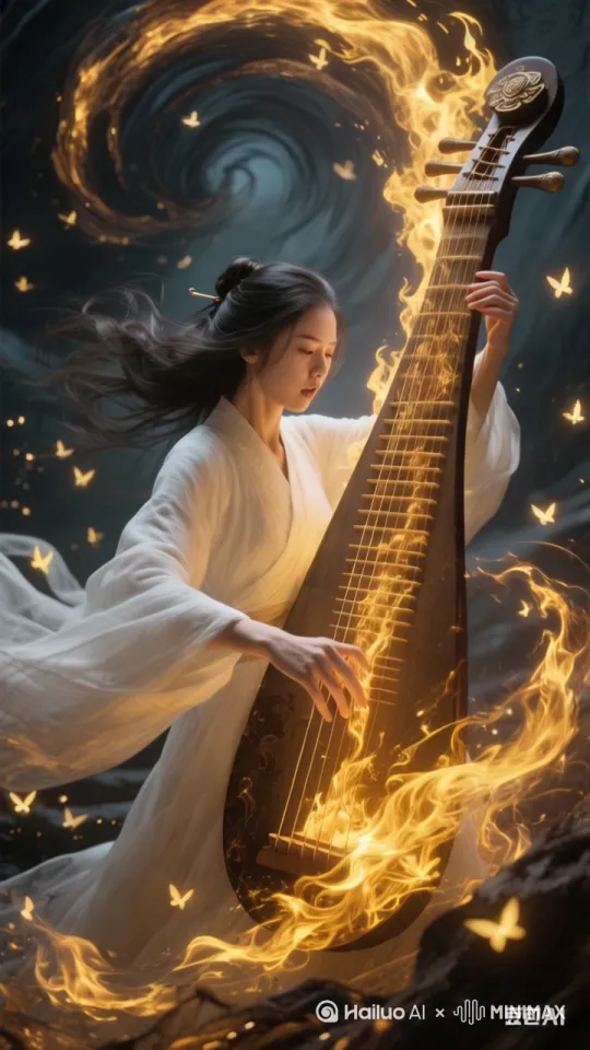 • 风格：水墨狂想+超现实炸裂 画面：素衣女子狂乱抚琴，指尖泛起金色火焰，琴弦震动，流萤如旋涡般疯狂舞动。
• 音效：古琴怒吼，环境回音震荡，仿佛能撕裂空间。 by Hailuo AI Video Generator