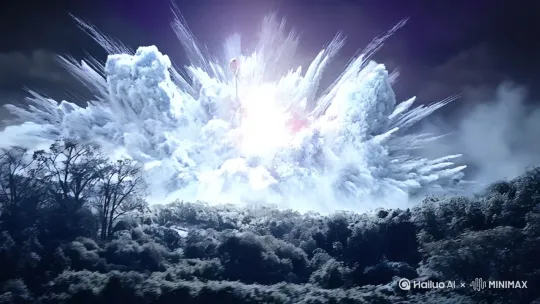 • 风格：水墨狂想+超现实炸裂• 画面：地面炸裂，一道炫目光缝中，九色鹿角如利刃穿透云雾，神鹿狂野降临。
 音效：鹿鸣震天，琴声戛然而止，留下震撼的余音。比例为9:16 by Hailuo AI Video Generator
