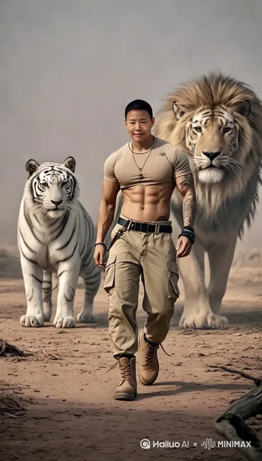 图片中的动物宠儿跟随着人物正在持续漫步向前，镜头慢慢拉远，电影氛围 by Hailuo AI Video Generator