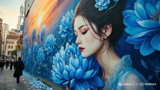 1. 镜头开场：
"特写镜头缓缓推近古典美女面部，淡彩花纹在夕阳下泛起微光，超长眼线随眨眼产生柔和的运动模糊，发丝间克莱茵蓝牡丹花瓣随风高频颤动"

2. 主体动态：
"飘带与半透明蝉翼纱幔以0.5倍速飘逸流动，金丝线在逆光中闪烁星芒效果，发际线处牡丹花簇进行细微的绽放/收合循环动画"

3. 环境动态：
"密集垂落的花枝进行缓慢的pendulum摆动，地面花瓣持续生成飘落粒子特效，近景花瓣带有体积碰撞与翻滚物理效果"

4. 光影变化：
"动态光影系统模拟夕阳角度变化，克莱茵蓝色花瓣随光照产生金属质感反光，人物虹膜设置光线追踪反射效果"

5. 镜头运动：
"大景深镜头从超广角俯视视角（12mm）缓慢上摇，焦平面从地面花瓣堆移至人物面部，背景虚化的花墙产生视差滚动效果"

6. 特殊效果：
"添加电影级大气透视，空气中飘散微缩牡丹花瓣粒子，运动模糊强度随镜头移动智能调节，关键帧控制景深呼吸感"

7. 色彩与画质：
"32K HDR色彩引擎强化克莱茵蓝与橙红晚霞的互补色对比，高精度次表面散射材质表现花瓣透光性，8K法线贴图增强纱质纹理"

8. 影视化处理：
"添加Arri Alexa 65电影级色彩科学，2.39:1宽银幕构图，模拟变形镜头光斑，24帧混合动态模糊渲染"

音乐氛围建议：
推荐搭配空灵女声吟唱+环境电子音效，重点捕捉风吹花簇的簌簌声与布料摩擦的ASMR细节音

分镜时长建议：
- 特写镜头：3秒
- 中景展示：5秒（含镜头移动）
- 全景揭示：4秒
- 细节循环：8秒（可loop延长）

这种设计既保持原画作的视觉特征，又通过影视化动态元素增强沉浸感，特别强化了克莱茵蓝色牡丹从静态绘画到动态生长的转化过程。 by Hailuo AI Video Generator