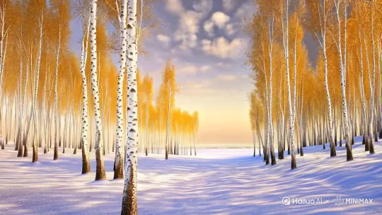 冬天的白桦树林，天高云淡，金色阳光，全光谱油画风格。 by Hailuo AI Video Generator