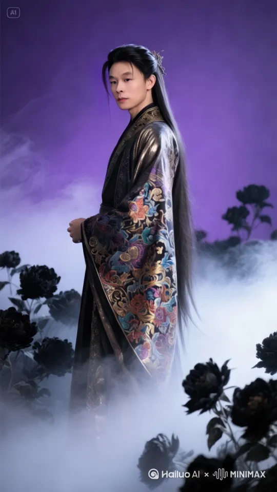 [右移,左摇,跟随]烟雨环绕，黑牡丹在风中妖娆，男子头发飘飘。 by Hailuo AI Video Generator