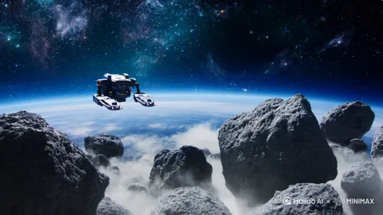 机器人具备高度先进的机械结构和动力系统，能够在宇宙空间中自由移动，穿梭于小行星之间。机器人拥有智能导航和环境适应能力，能够在各种天体环境中执行特定任务。在宇宙的边界之外，存在一个形态模糊且规模庞大的人形轮廓，其具体构造和存在方式尚不明确，可能需要进一步的数据分析和理论推导来理解其本质和运动模式。 by Hailuo AI Video Generator