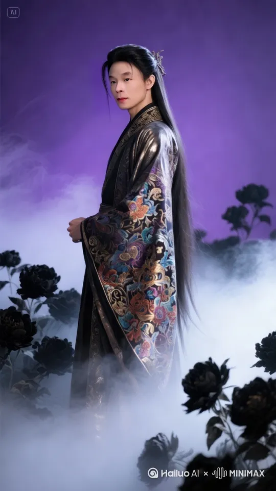 烟雨环绕，黑牡丹在风中妖娆，男子头发飘飘。[左移,推进,右摇] by Hailuo AI Video Generator
