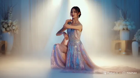 请请生成一位漂亮的美女，穿着盛妆，模仿白珊珊老师跳一段蹲蹲舞。要求画面清晰，流畅。高清。电影质感 by Hailuo AI Video Generator