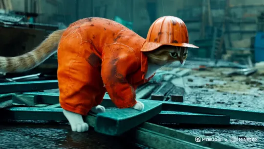 小猫在工地上干活，穿着橘黄色工人的衣服，戴着头盔，衣服脏兮兮很破烂，扛着钢筋，杂乱工地，落魄的神情，穷困潦倒，天空下着雨，十分疲惫 by Hailuo AI Video Generator