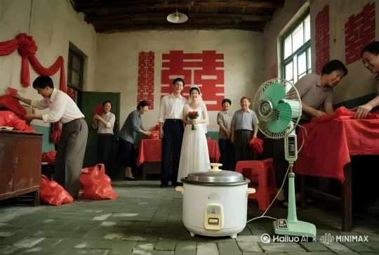 16:9画面比例但带有圆角
添加胶片颗粒和划痕
轻微的色彩偏移和光晕
过曝的高光
暖色调滤镜
偶尔出现短暂的闪烁效果[推进,上升]
画面中的所有人都动起来，各忙各的，为婚礼做准备 by Hailuo AI Video Generator