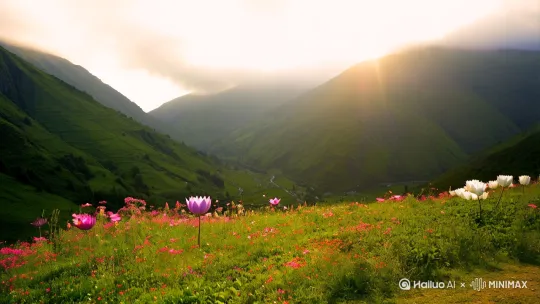 视频开场：
画面从一片云雾缭绕的深山远景切入，群山连绵起伏，被郁郁葱葱的树木覆盖，阳光透过云层的缝隙洒下，形成一道道金色的光线，如梦如幻。镜头逐渐拉近，聚焦在一处幽静的山谷。

主体舞蹈画面：
在山谷的一片开满野花的草地上，一位身着白色半透明薄纱的美女轻盈地出现。薄纱随风飘动，若隐若现地勾勒出她曼妙的身姿。她的长发如瀑布般垂落在背后，发梢随着微风轻轻摆动。

美女开始舞动，她的手臂如同柔软的柳枝，优雅地伸展、挥舞，薄纱衣袖随之飞扬，仿佛与风嬉戏。她的脚步轻盈，时而旋转，时而踮起脚尖，洁白的裙摆如同一朵盛开的白莲，在草地上绽放、旋转。阳光洒在她身上，透过薄纱，为她镀上一层柔和的光晕，宛如降临人间的仙子。

周围的花草也仿佛被她的舞姿吸引，随着微风轻轻摇曳，像是在为她伴舞。偶尔有几只蝴蝶被吸引过来，围绕着美女翩翩起舞，与她灵动的身姿相互映衬。

视频结尾：
美女慢慢停下舞步，轻轻抬起头，望向远方的山峦，眼神中透着宁静与美好。此时，轻柔舒缓的古典音乐如天籁般环绕，伴随着山间清脆的鸟鸣声和微风拂过树叶的沙沙声，营造出一种空灵、唯美的氛围。画面渐渐虚化，只留下美女那如梦似幻的白色身影，给观众留下无尽的遐想。 by Hailuo AI Video Generator