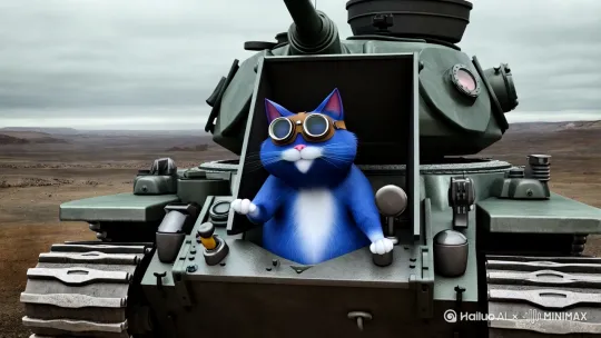 一只蓝色的胖猫在开坦克 by Hailuo AI Video Generator