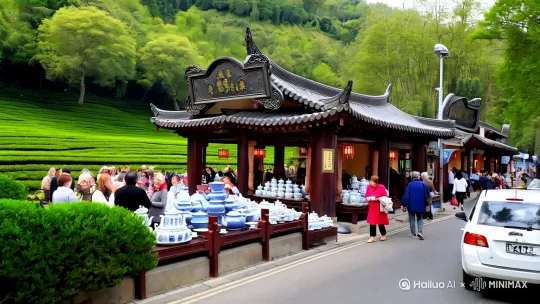街边茶馆 唯美绿意 茶馆门牌彰显茶庄美意 瓷器的茶壶茶碗 吸引着南来北往的饮茶客 喝茶人开心喝茶   茶馆好不热闹[左摇,变焦推进] by Hailuo AI Video Generator
