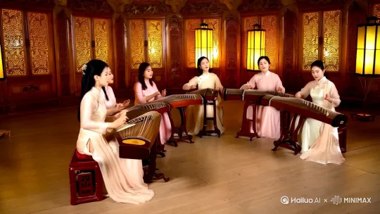 六个古代美女弹古筝，演唱春江花月夜 by Hailuo AI Video Generator