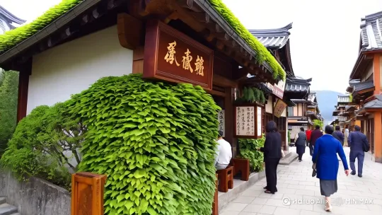 街边茶馆 茶晃飘摇 唯美绿意 茶馆门牌彰显茶庄美意 瓷器的茶壶茶碗 吸引着南来北往的饮茶客 喝茶人开心喝茶   茶馆好不热闹[左摇,变焦推进] by Hailuo AI Video Generator