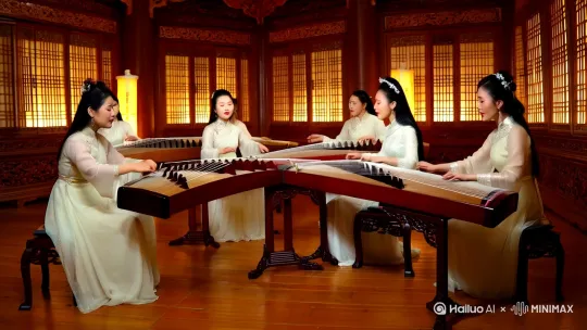 六个古代美女弹古筝，演唱春江花月夜 by Hailuo AI Video Generator