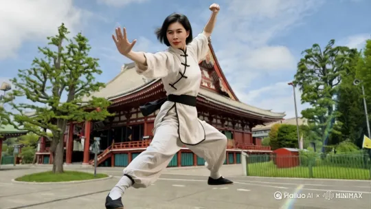 跨弓步打出长拳。踢腿转身打长拳。飞腿跨步踢腿。转身打长拳右环移。高清电影效果 by Hailuo AI Video Generator
