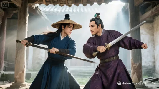 两人激烈持续打斗，腾跃起来打斗，动作快速流畅自然，国风武侠，写实，真实，电影质感。 by Hailuo AI Video Generator