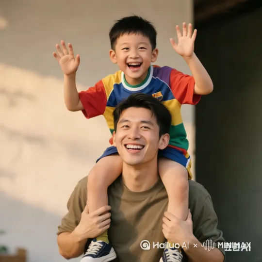 30多岁的哥哥把11岁弟弟背在自己的头上晃来晃去，让兄弟俩开心的，真像个兄弟情深！ by Hailuo AI Video Generator