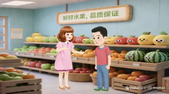 两个人自由走动，聊天，挑选水果[右移,左摇,跟随] by Hailuo AI Video Generator