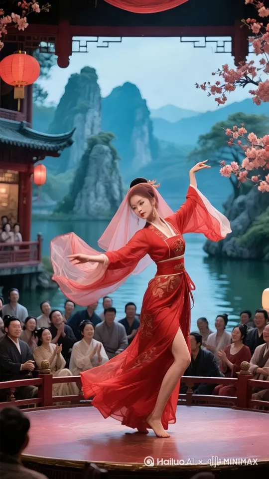 图中红衣女子翩翩起舞，舞姿优美 by Hailuo AI Video Generator