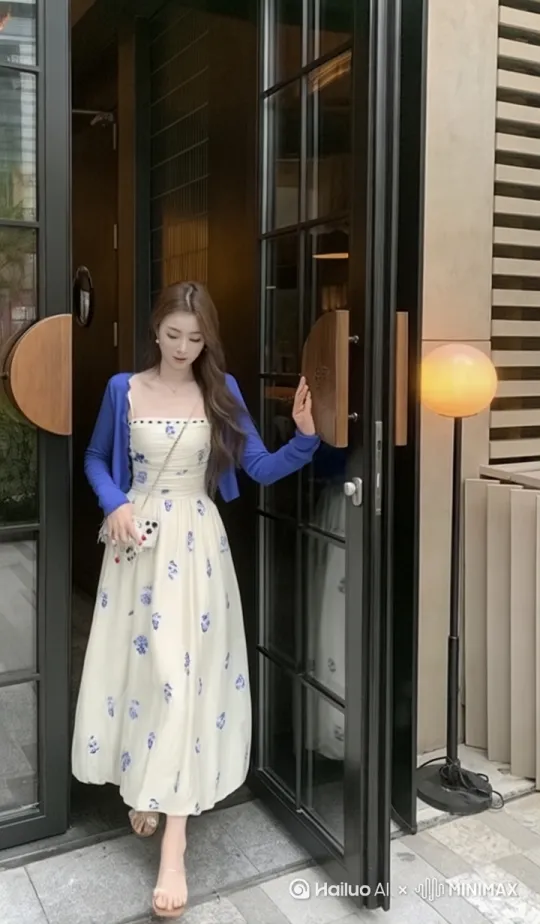 图片中一位穿着蓝白碎花抹胸长裙搭配蓝色开衫的女性，脚踩浅色凉鞋，肩上斜挎精致小包，正优雅迈步走出玻璃门，展现服装动态美感 by Hailuo AI Video Generator