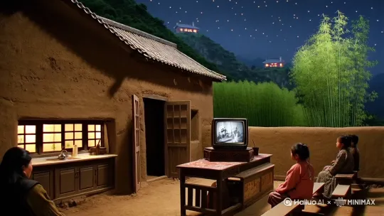 帮我生成一个七八十年代的农村,大山腰的一个土坯房,灰瓦,房子背后是一片竹林和一颗核桃树,时间是夜晚时分,不远处是邻居家,灯光若隐若现,天上月明星稀,土坯墙上斑驳,双开门的堂屋门,门口一个老旧的八仙桌上放着一台黑白电视机,电视机里正放着武侠片,左侧面的厨房门窗亮着灯火,故事感拉满,院子里木板凳上坐满了看电视的人,着装符和七个十年代,三四个小孩特别明显,有的坐在草堆上,有的盘耸在地上,有的坐在板凳上,上衣打着补巴,光脚丫全神贯注地看着电视机里的武侠人物在比武,高清晰度, by Hailuo AI Video Generator