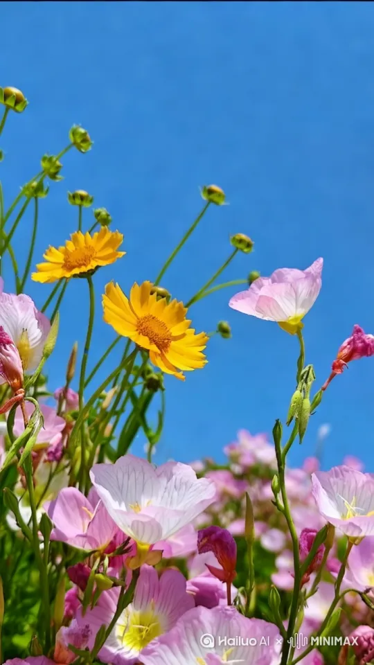 [左移,上升]花在风中摇曳，有蝴蝶，有蜜蜂在花丛中飞舞 by Hailuo AI Video Generator