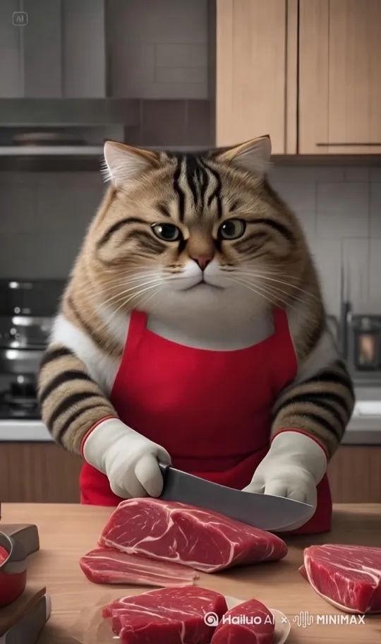 [主体参考] 猫咪厨师角色设定：拟人化布偶猫，红色围裙带白色波点，肉垫佩戴防滑手套
场景构建：日式和食厨房，木质料理台特写，背景虚化处理锅具反光（参数：反光强度0.7/反射模糊度0.3）
核心动作：
1. 主循环动作：前爪握刀做切肉动作（刀锋轨迹：0°→45°→回位，循环周期2.5秒）
2. 附属动作组：
   - 眼部：每0.8秒眨眼（闭眼时长0.2秒）+ 每3秒点头（幅度15°）
   - 肉垫：握刀时呈现挤压形变（形变量10%→恢复）
特效参数：
- 肉块切割：启用粒子系统（血丝密度15%/飘散速度0.8m/s）
- 环境光效：背景锅具添加raytrace反射（采样值512）
镜头运动：
- 中景推近（0-1.5秒）→ 特写镜头（1.5-3秒）→ 慢速横移（3-5秒）
风格化参数：
- 材质：皮肤SSS次表面散射强度0.6
- 色彩：暖色调（色温4500K）+ 高光溢出（EV+0.7）
输出规格：竖版9:16，30fps，时长5秒循环 by Hailuo AI Video Generator
