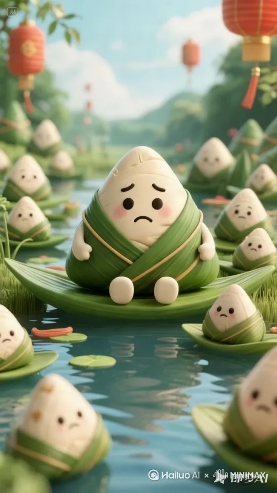 粽子沮丧的粽宝坐在河边[推出,上升,下摇]， by Hailuo AI Video Generator