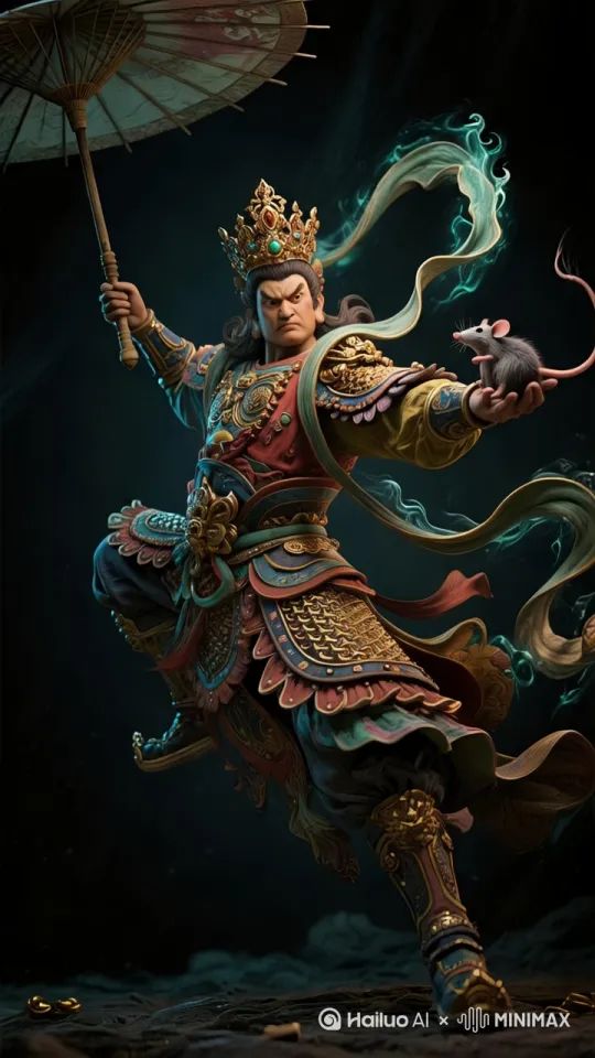 漩涡状，压迫感极强，地面黑洞 北方多闻天王宝伞变大  在阴影下显得渺
小，暗黑色天空与金色光芒形成强烈对比，超现实史
诗感画面，超广角低角度镜头，8K写实风格，末日降
临的压迫氛围，雷电在裂缝边缘闪烁，动态模糊效果
增强巨手运动轨迹 by Hailuo AI Video Generator