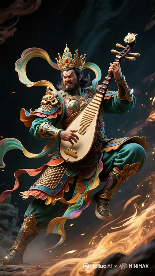 漩涡状，压迫感极强， 东方持国天王 弹起琵琶在阴影下显得渺
小，暗黑色天空与金色光芒形成强烈对比，超现实史
诗感画面，超广角低角度镜头，8K写实风格，末日降
临的压迫氛围，雷电在裂缝边缘闪烁，动态模糊效果
增强巨手运动轨迹 by Hailuo AI Video Generator