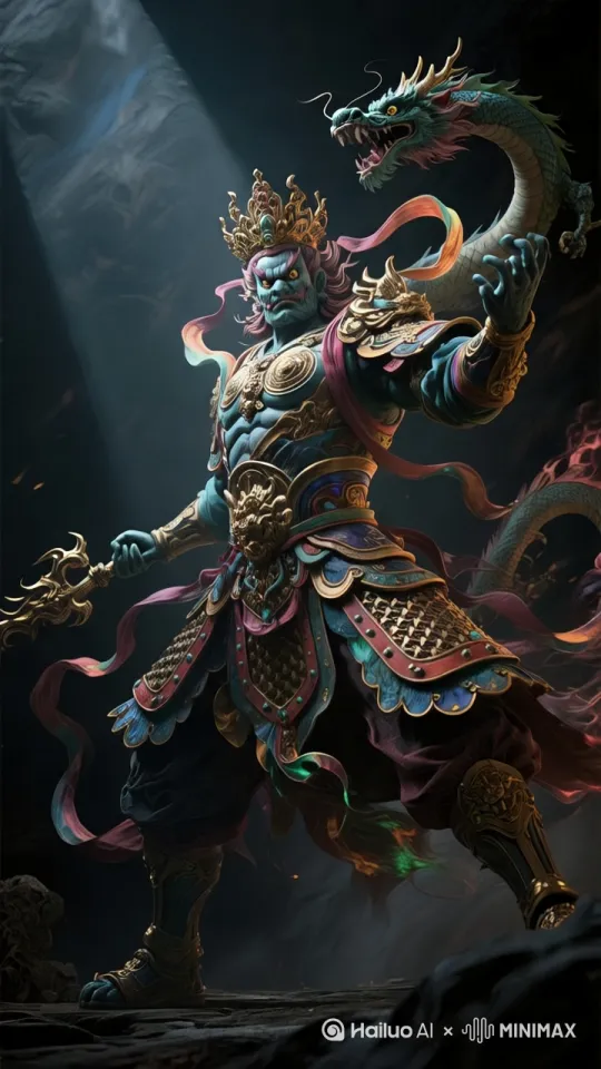 漩涡状，压迫感极强，西方广目天王的龙左右盘巡 仰天发出吼叫 在阴影下显得渺
小，暗黑色天空与金色光芒形成强烈对比，超现实史
诗感画面，超广角低角度镜头，8K写实风格，末日降
临的压迫氛围，雷电在裂缝边缘闪烁，动态模糊效果
增强巨手运动轨迹 by Hailuo AI Video Generator