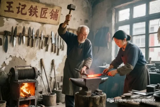 清晨，第一缕阳光洒在集镇上，铁匠铺的炉火便开始熊熊燃烧，铁匠手持铁钳，将烧得通红的铁块夹出，放在铁砧上，抡起大锤，叮叮当当地敲打起来 by Hailuo AI Video Generator