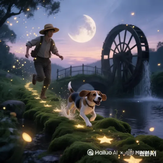 狗狗狗欢快地跑向前方，主人在后面一脸宠溺的追着，[推出,上升,下摇] by Hailuo AI Video Generator