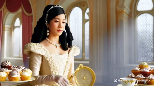 洛可可风公主下午茶：邂逅一场甜蜜的宫廷梦境
分镜头2（中景）：公主佩戴蕾丝长手套的右手特写捏着镀金茶漏，奶油泡芙上的翻糖玫瑰与饼干构成对角线构图，侧逆光穿过宫廷拱窗在香槟色裙摆上形成光晕渐变，镜头焦点从茶具组缓慢推进到公主垂眸微笑的面部，保持淡粉色腮红与珍珠唇彩妆容一致性 by Hailuo AI Video Generator