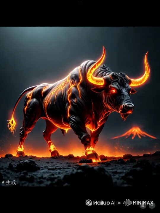 岩浆牛从画面左侧缓缓走出，抬头仰天长啸一声，挥挥牛尾巴，抬起前蹄 by Hailuo AI Video Generator