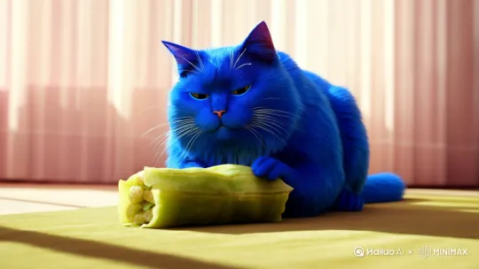 一只蓝色的胖猫吃粽子 by Hailuo AI Video Generator