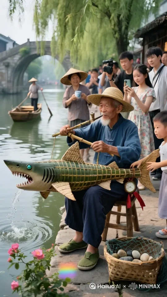 镜头移动，动态跟随。老爷爷快速的舞动手
里的竹编鲨鱼，鲨鱼瞬间活过来，扭动身
躯，朝着河中快速的游去。 by Hailuo AI Video Generator