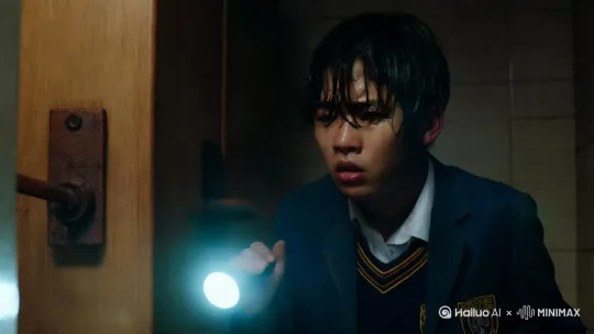 （白天 12:30）—— 闯入禁区**  
- **形象**：  15岁学生
  - **服装**：深蓝色校服（左胸有校徽，皱褶明显）  
  - **发型**：黑色短发，额前汗湿碎发贴脸 
  - **神情**：紧绷（咬唇，眉头紧锁） 
- **运镜**：  
  - **0-3秒**：黑暗的环境，晃动的手电筒，男主小跑喘息声进入厕所，手电筒聚焦第三间厕所门（锈锁特写）  
  - **3-6秒**：男主停步，手伸向门把（镜头切近景，突出手抖）  ，开门鬼脸突现 by Hailuo AI Video Generator