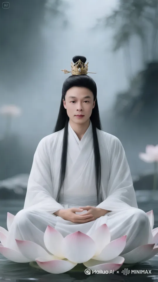 人物端坐莲花台，双手缓缓结印，莲花摇晃泛起涟漪。微风拂动长发与衣袖。眉间舒展显祥和，花瓣颤动，金冠微闪，脚下莲花旋转。背后竹林作响，其缓缓睁眼凝视，抬手抚袖褶，雾气弥漫升腾，皱眉思索，光影变幻，变换打坐手势 。 by Hailuo AI Video Generator