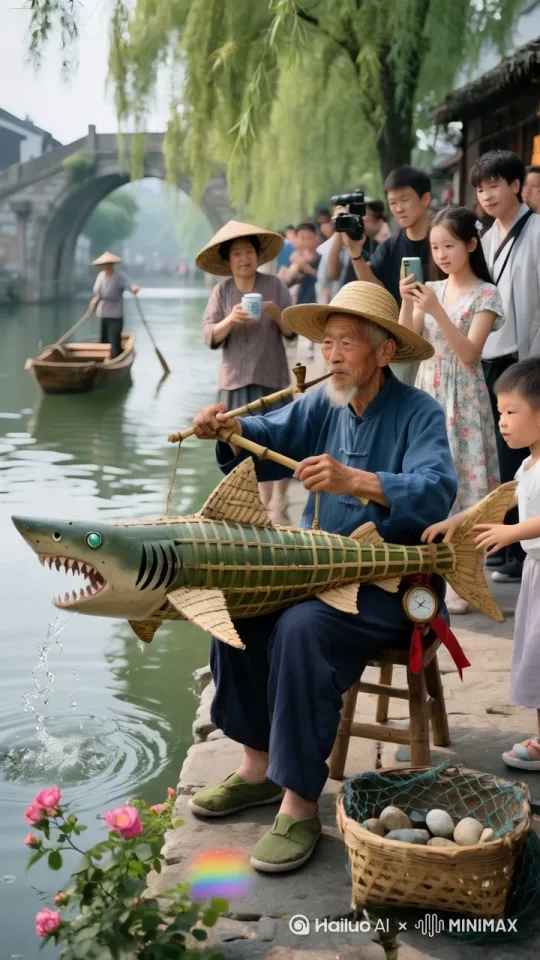 镜头移动，动态跟随。老爷爷快速的舞动手
里的竹编鲨鱼，鲨鱼眼睛瞬间神灵附体，扭向镜头，活过来，扭动身躯，180度跳进了河水，探头探脑脑的快速的游去。旁边的人都拍手叫好 by Hailuo AI Video Generator
