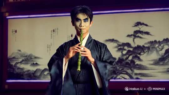 一位身着玄纹深衣、有清新少年感五官与雾面妆容的书生，正手持玉笛放在唇边吹奏，采用 4K 电影级肤质渲染和衣摆动态流体模拟效果，背景是映出水墨山水的 LED 屏，有瓷肌滤镜与野生眉细节刻画 by Hailuo AI Video Generator