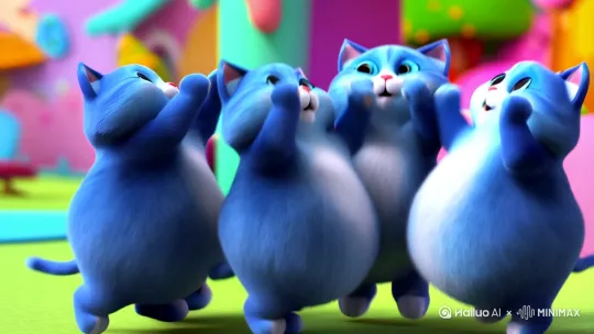 生成一群蓝色的胖胖的小猫高举双手，并且不断上跳 by Hailuo AI Video Generator