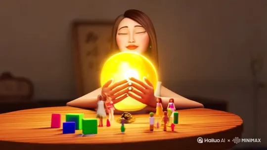 一位亞洲女性閉上眼睛，雙手輕捧一顆發光的金色能量球，坐在木質圓桌前，桌上擺放小型物件如人偶棋子與色塊，[左移,推进,右摇]背景為深藍宇宙星空與金色粒子流動，圖像風格溫暖、祥和且靈性高頻，構圖集中、畫面對比柔和，適合用於金錢療癒與排列主題的社群宣傳圖[拉远] by Hailuo AI Video Generator