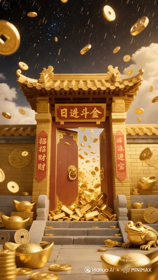 生成一个视频，要场面宏大，金元宝从门内像洪水一样涌出，天空下密集元宝 by Hailuo AI Video Generator