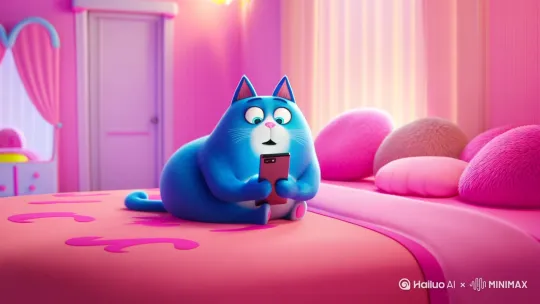 生成一只蓝色的卡通胖猫拿着手机在粉色房间的床上看 by Hailuo AI Video Generator