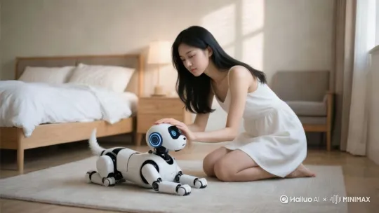 16:9画面比例但带有圆角
添加胶片颗粒和划痕
轻微的色彩偏移和光晕
过曝的高光
暖色调滤镜
偶尔出现短暂的闪烁效果
人与机器狗互动，所有动作都要符合逻辑，现实感，电影写实质感！[左移,推进,右摇] by Hailuo AI Video Generator