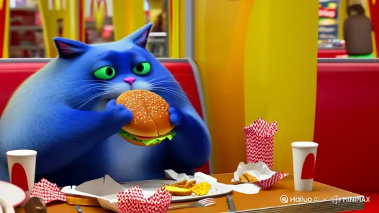 一只非常胖的蓝色猫在吃麦当劳 by Hailuo AI Video Generator