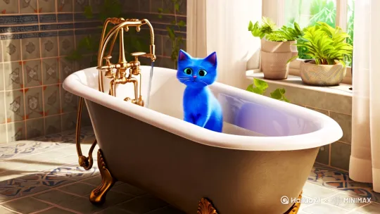 生生成一只蓝色小猫自己放洗澡水洗澡 by Hailuo AI Video Generator